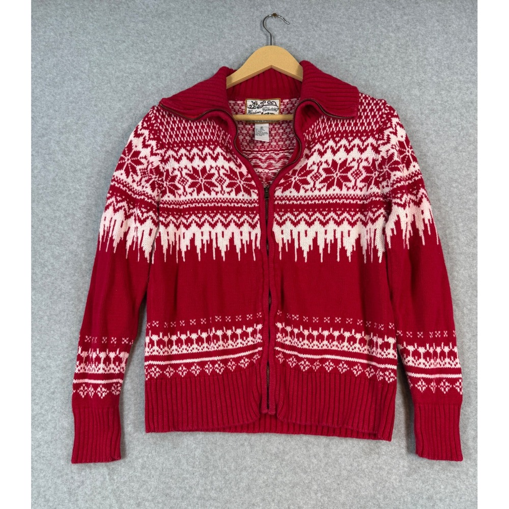 Heirloom Collectibles Small Zip Cardigan Fair Isle Ramie Cotton Snowflake Red